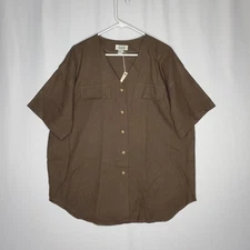 Sostanza Silk Button Top Women 20W Brown Woven Short Sleeve Quiet Luxury Grunge