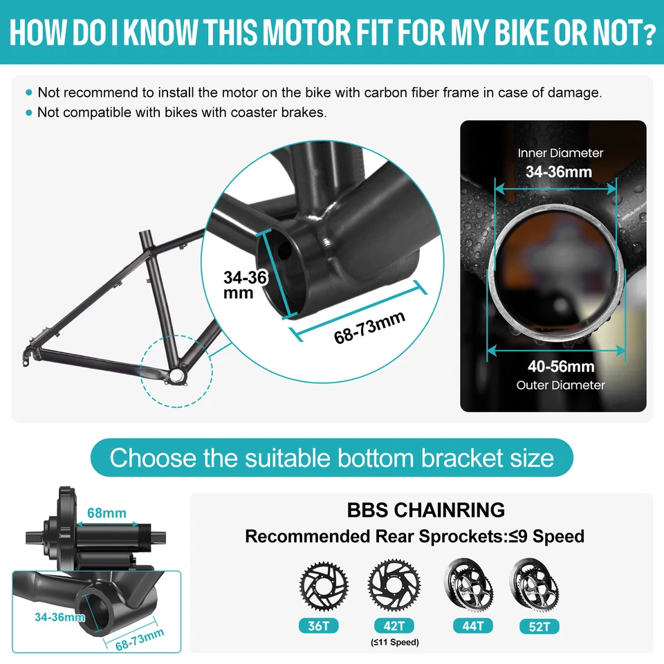 Bafang 48V500W BBS02B средний мотор набор электрический велосипед преобразования 68-73 мм набор - Изображение 2 из 4