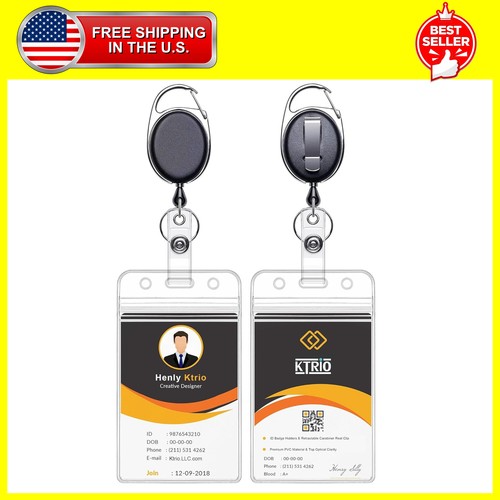 2 Lanyards ID Badges Reels Retractable Clear Name Work Card Holder Clip Vertical