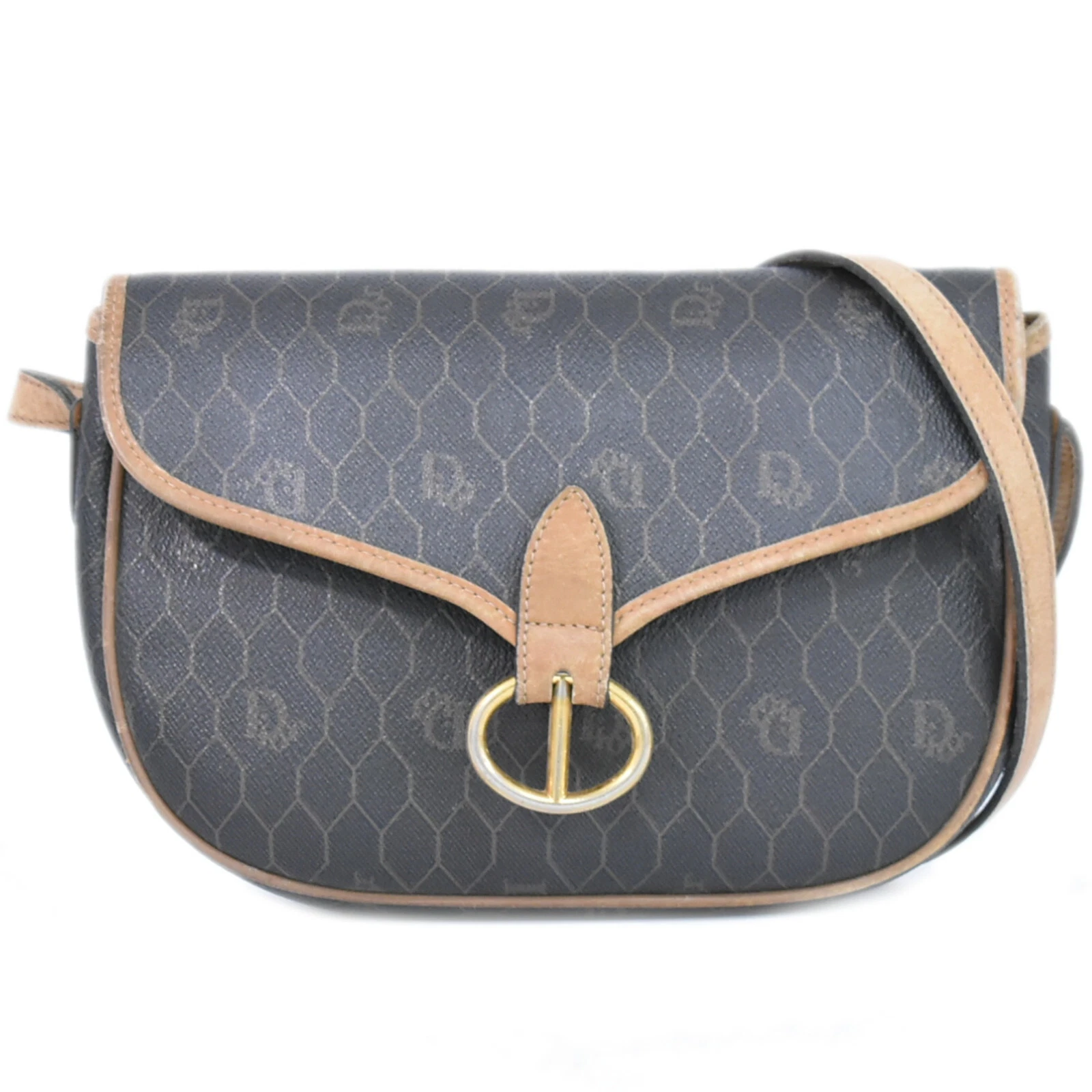 Sac bandoulière Christian Dior nid d'abeille PVC marron foncé doré