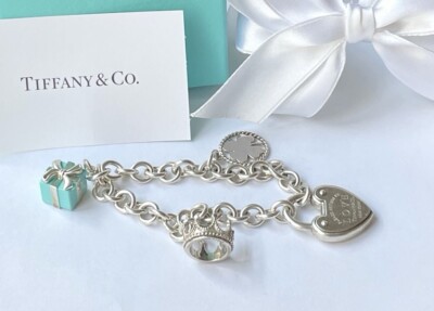 Tiffany & Co Silver Charm Love Lock Bracelet W/ Crown, Clover