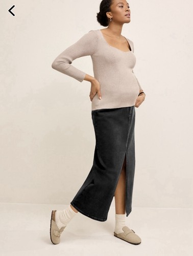 NEXT * MATERNITY 14 * BNWT * BLACK DENIM LONG STRAIGHT MIDI SKIRT * FRONT SPLIT