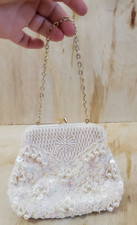 vintage mini white beaded handbag with gold color chain hand made