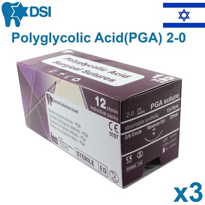 3x PGA 2/0 Polyglykolsäure Nähgarn 20 mm 3/8 Kreis umgekehrt steril