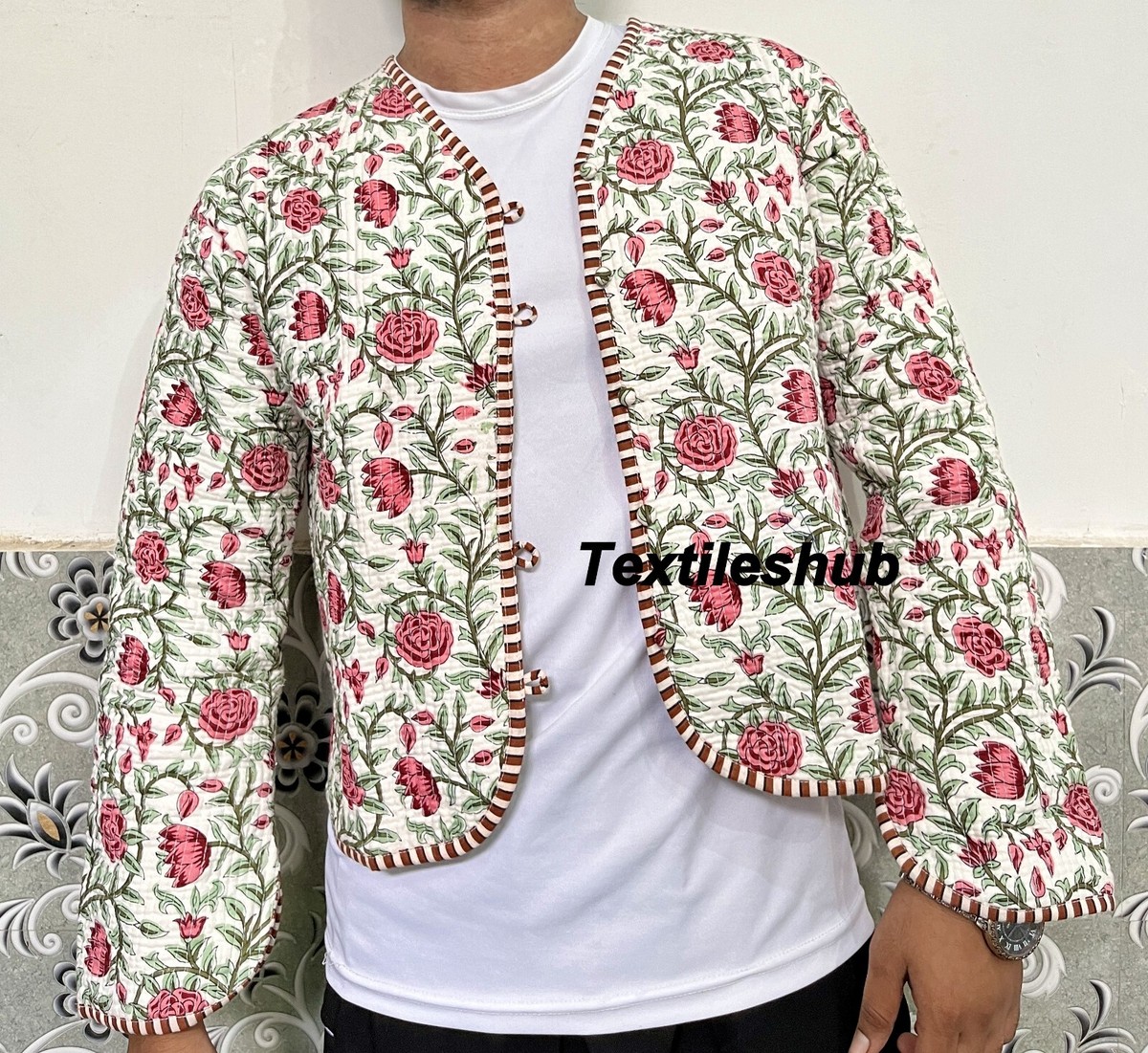 Indian White Floral Quilted Jacket Handmade 100%Cotton Jacket Womens  Clothing US
