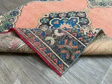 3x12 Hand-Knotted Turkish Runner, Vintage Wool Hallway Runner in Salmon Pink