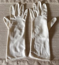 Vintage White Nylon Gloves w/ Scallop Trim 1960s Bridal Tea Party Costume Chic