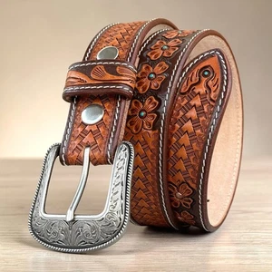 Handmade Men's Floral Tooled Western Belt Full Grain Leather Snap-On 1.5"