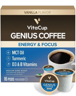 VitaCup Genius Vanilla Keto Coffee Pods w/MCT Oil, Turmeric, B Vitamins, & D3...