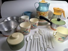 Vintage Chilton Tea Set Plastic Cups Saucer Birds 80s Lot Pots Pans Metal Coffee