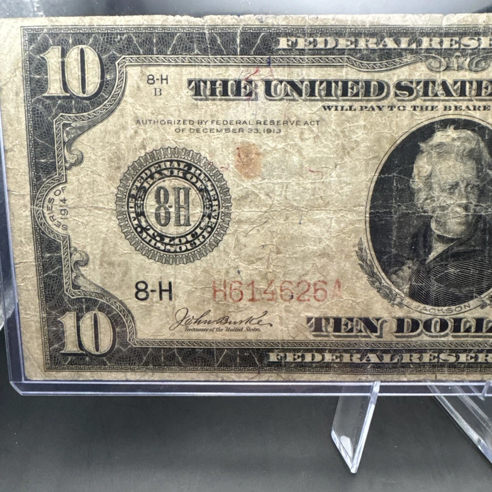 $10 DOLLAR 1914 FEDERAL RESERVE LARGE SIZE NOTE RED SEAL FR 899B. Harder To Find - Image 2 of 4