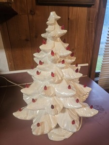 VINTAGE Atlantic Mold RL 18" Ceramic White Christmas Tree Iridescent WITH BASE