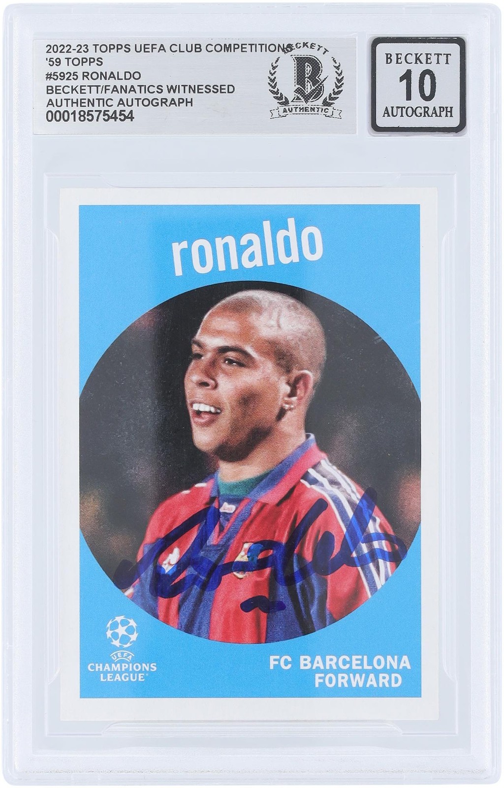 Ronaldo FC Barcelona Signed 2022-23 Topps UEFA 59 Design #59-25 BAS Auto 10 Card view 1