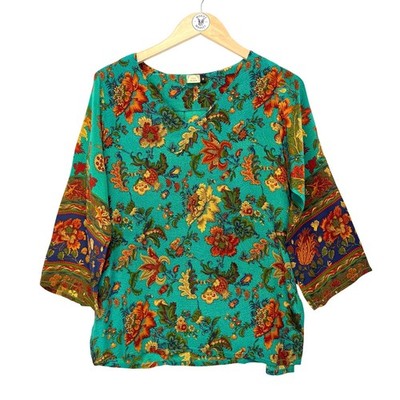 L'ile Bleue 100% Silk Floral Jaquard Blouse Womens M Jade Green French Parisian