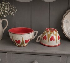 VTG Toy Tea Set Cups Lithographed Tin Metal Pair Ohio Art Style Heart Design