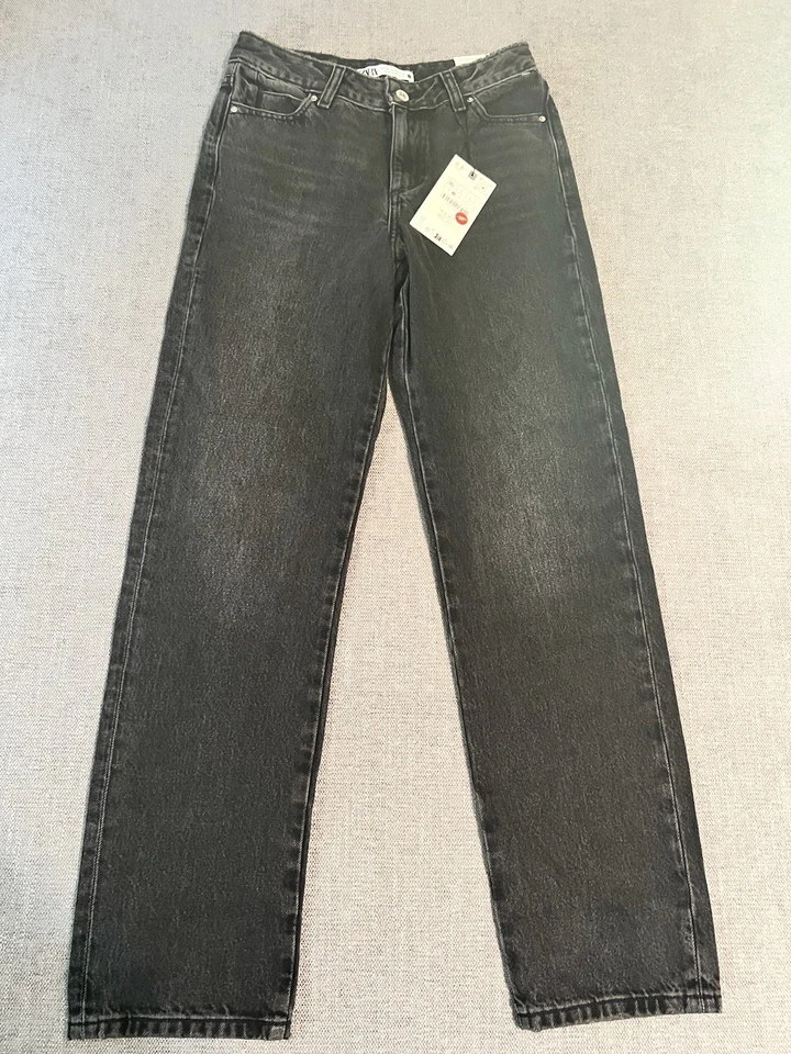 Zara Jeans Women Size 4 High Rise Folded Hem Black Denim Bikercore Grunge NWT - Image 3 of 4
