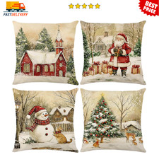 Retro Vintage Christmas Throw Pillow Covers 18X18 Inch Set of 4, Snowy Church Sa