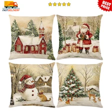 Retro Vintage Christmas Throw Pillow Covers 18X18 Inch Set of 4, Snowy Church Sa