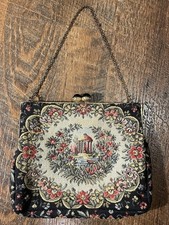 French Tapestry Evening Bag Floral Art Nouveau Design Vintage Chain Handle