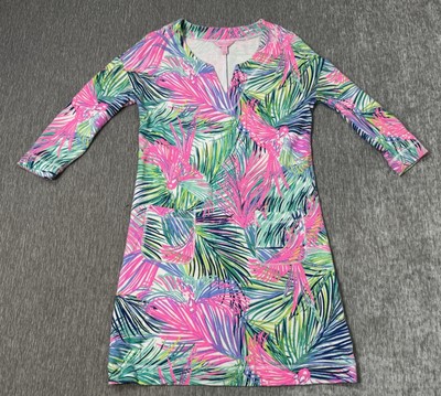 Lilly Pulitzer Joyce Dress Womens XS Palm Leaf  3/4 Sleeve Mini Blue Pink Beach
