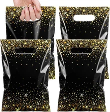 Pasimy 50 Pcs Black and Gold Party Favor Gift Bags Die Cut Plastic Treat Goodie 