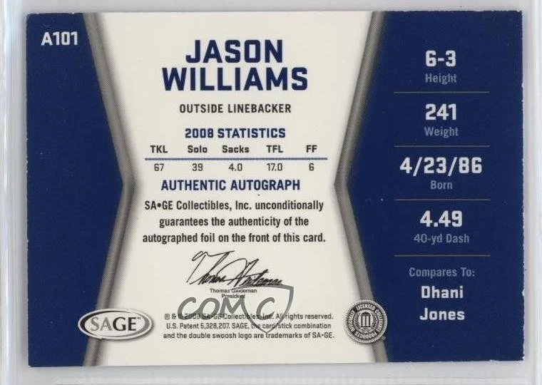 2009 SAGE Hit Auto Silver Jason Williams #A101 Rookie Auto RC - Image 2 of 2