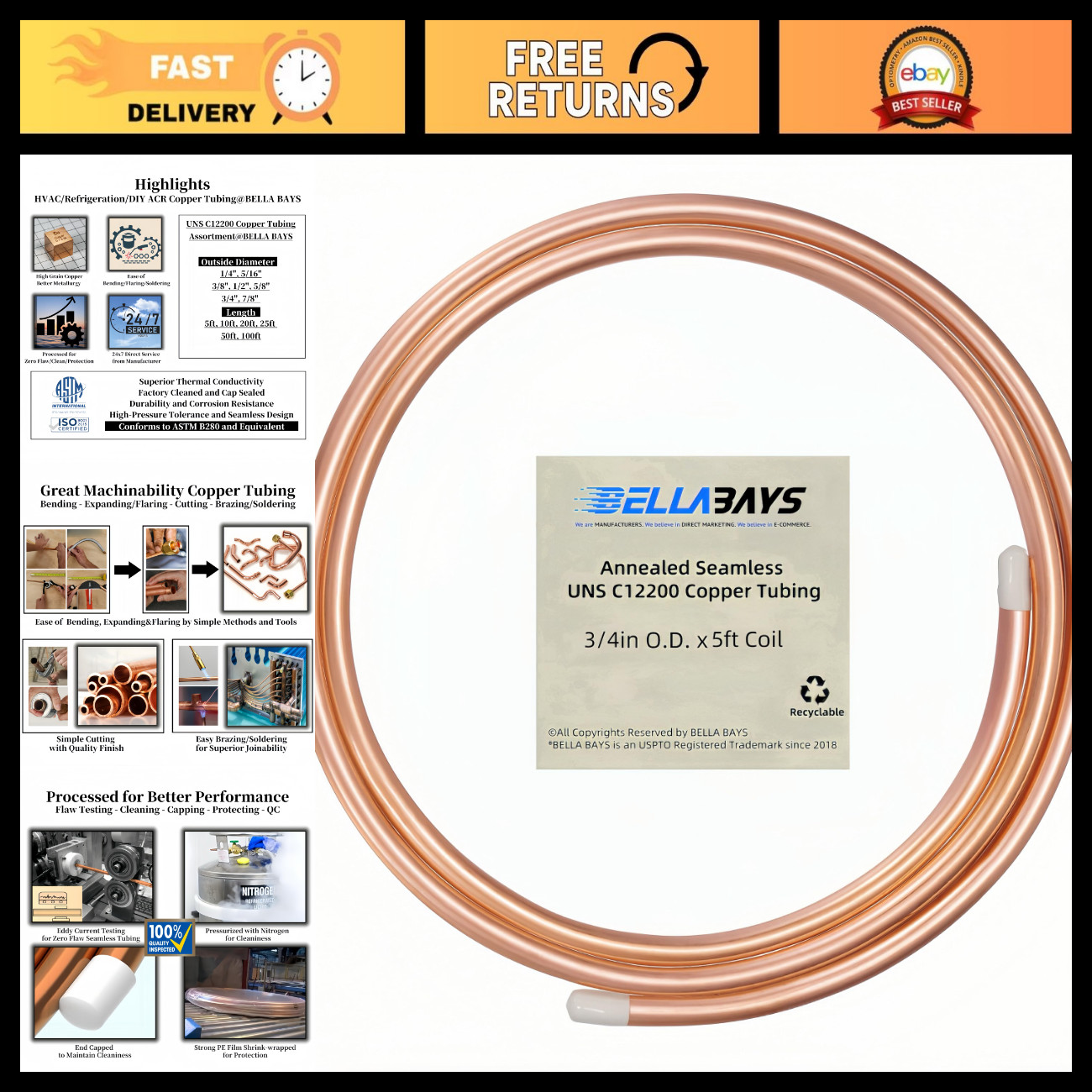 3/4" OD Copper Tubing 5ft Seamless Soft Coil for HVAC, Refrigeration, DIY Projec