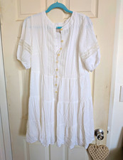 LOFT White Lace Trim Button Front A-Line Dress Round Neck Knee Length Size S