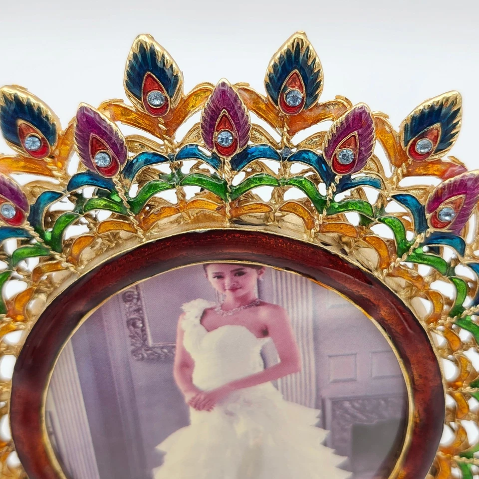 装饰孔雀相框 3x3 图片展示金色珐琅宝石装饰 — 第 3/4 张图片