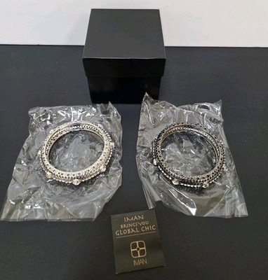 Iman Global Chic Vintage Glamour Crystal Set of 2 Mesh Bangle Silver Tone Black