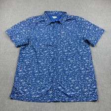 Columbia Shirt Mens Large Blue Super Slack Tide Fishing Camp Print Collar Loop