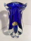 Vintage Bohemian Art Glass Vase Blue Chunky with Original Sticker 9” — photo 1