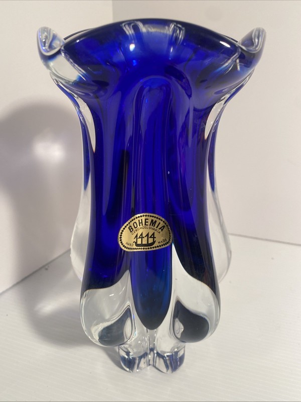 Vintage Bohemian Art Glass Vase Blue Chunky with Original Sticker 9”
