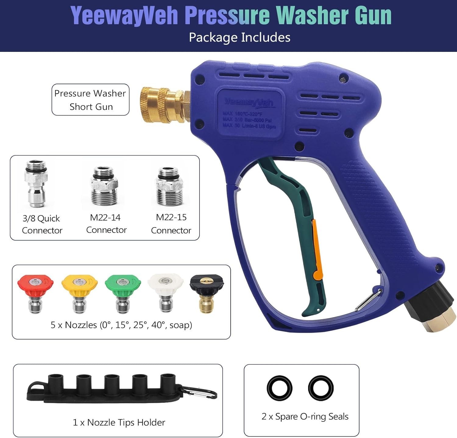 High Pressure Washer Gun with Swivel 3/8" Quick Connect and M22 14mm / 15mm Fitt