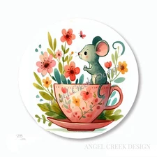 CUTE MOUSE IN PINK FLORAL TEACUP FAVORS SCRAPBOOK STICKERS ENVELOPE SEALS LABELS