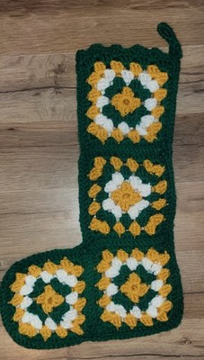 1970s Vtg Christmas Stocking Crocheted Granny Square  GOLD GREEN 