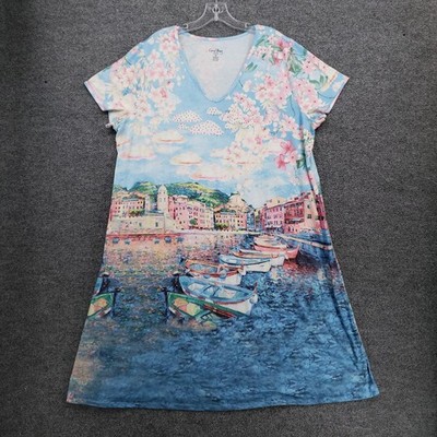 Coral Bay Shift Dress Womens 2X Plus Blue Portrait Mini V Neck Short Sleeve