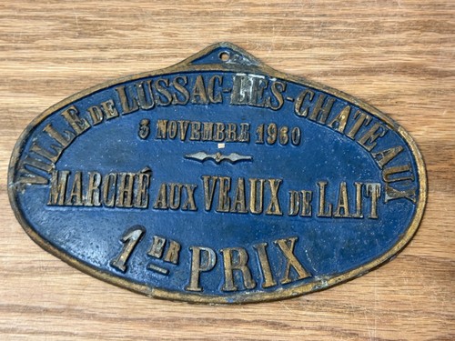 French Vintage Agriculture Plaque Award 1st Lussac-Les-Chateaux Calf Trophy Blue