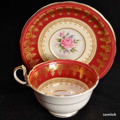 Aynsley Doris Handle Cup & Saucer Pink Rose Floral Gold Medallions Red 1934-1939