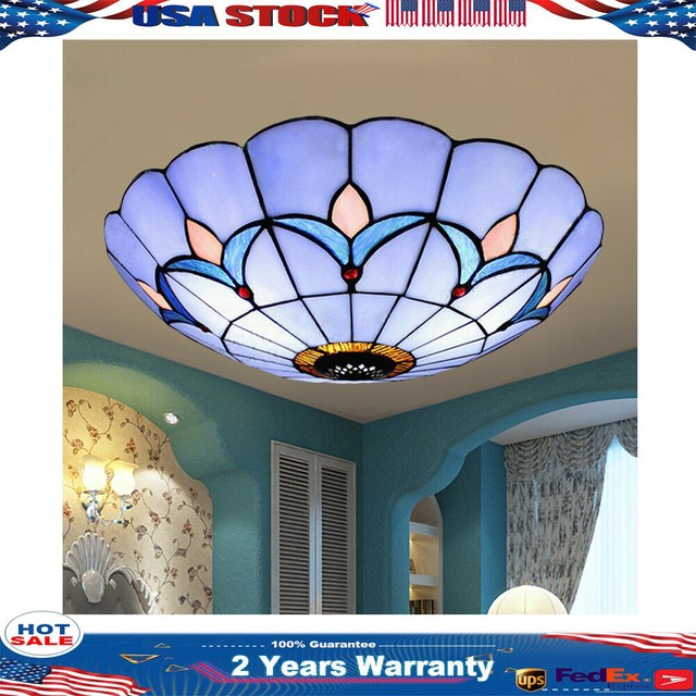 12 Led Blue Flush Mount Stained Glass Ceiling Light Shade Bedroom