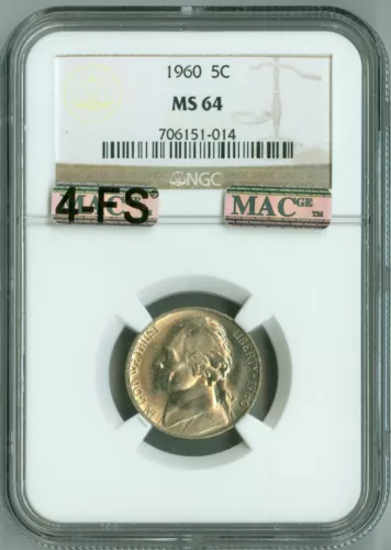 1960 JEFFERSON NICKEL MS64 NGC MAC 4 FS, 4 FULL STEPS, PQ, RARE, $1,000 IN FS!
