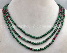 3 Rows Faceted 4mm Natural Green Red Ruby Round Gemstone Beads Necklace 18-20''