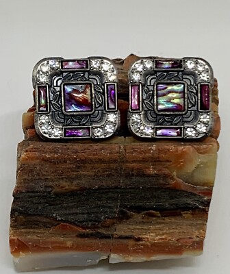 Vintage Pewter Tone Pinkish Purple Abalone Stud Pierced Earrings Signed Duri