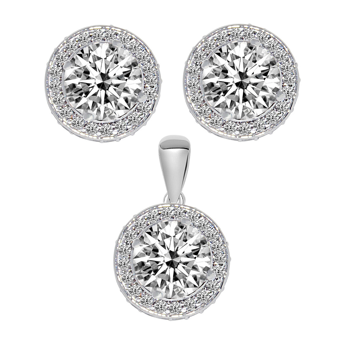 Genuine 14k White Gold Cubic Zirconia Halo Earring Studs and Pendant Gift Set