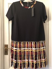 New Marc By Marc Jacobs Black & Check Pleated Contrast Short Sleeve Dress,L