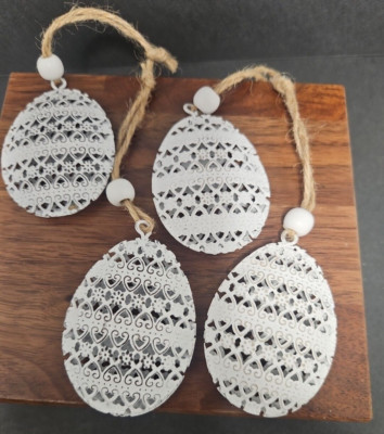 French Cottage Farmhouse Openwork 4 Egg Ornaments White Easter