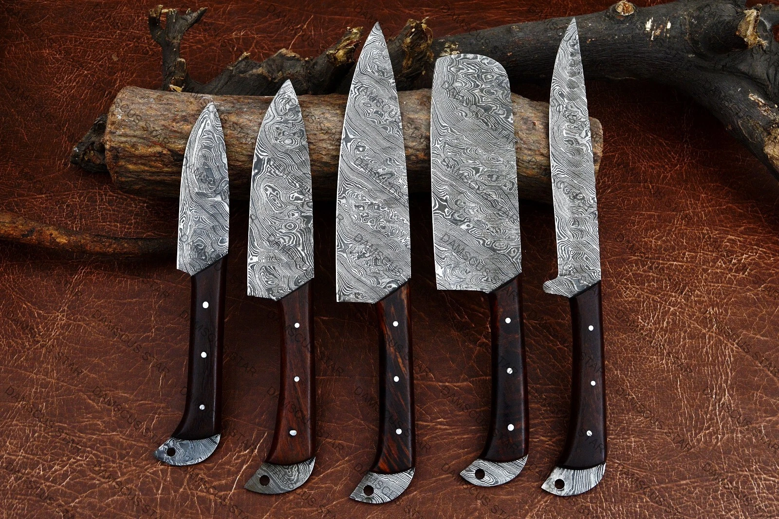 CUSTOM HANDMADE DAMASCUS STEEL KITCHEN CHEF SET WOOD HANDLE WITH LEATHER SHEATH