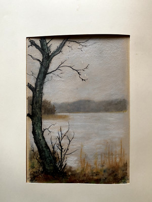 FRANZ EHMKE * 1928-2018 GDR PAINTER PASTEL ICE LAKE TREE ON THE SHORE ° WINTER FOREST SHORE