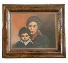 Asian Mother Child Portrait Painting Wall Art Rustic Frame Signed Original Art