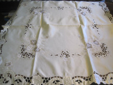 Embroidered/CUTWORK/ROSE FLORAL SATIN TABLECLOTH/TOPPER-32" SQUARE/SCALLOP HEM
